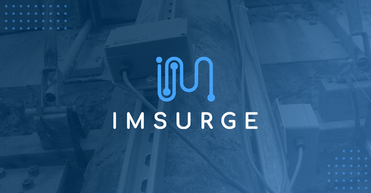 IMSURGE logo over field instrumentation mounted on an infrastructure asset